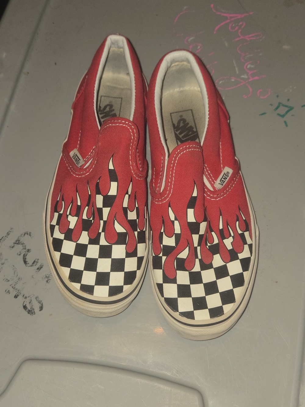 Vans Kids Slip-On Checkerboard with Red Flame Graphic
